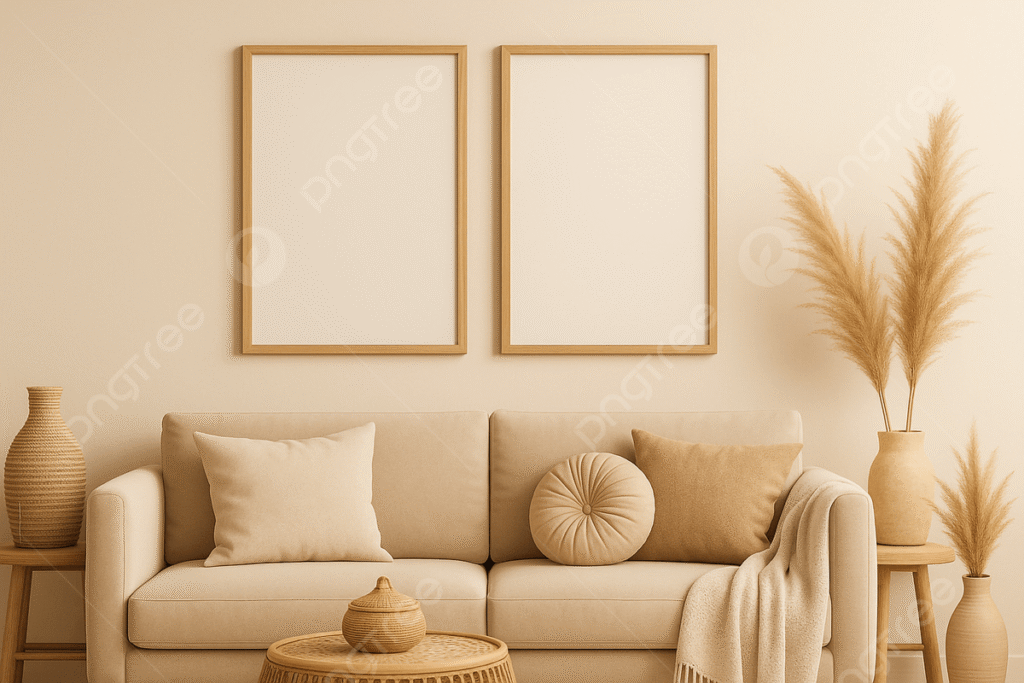 pngtree cozy minimalist living room with beige sofa decorative vases and empty picture image 16820752